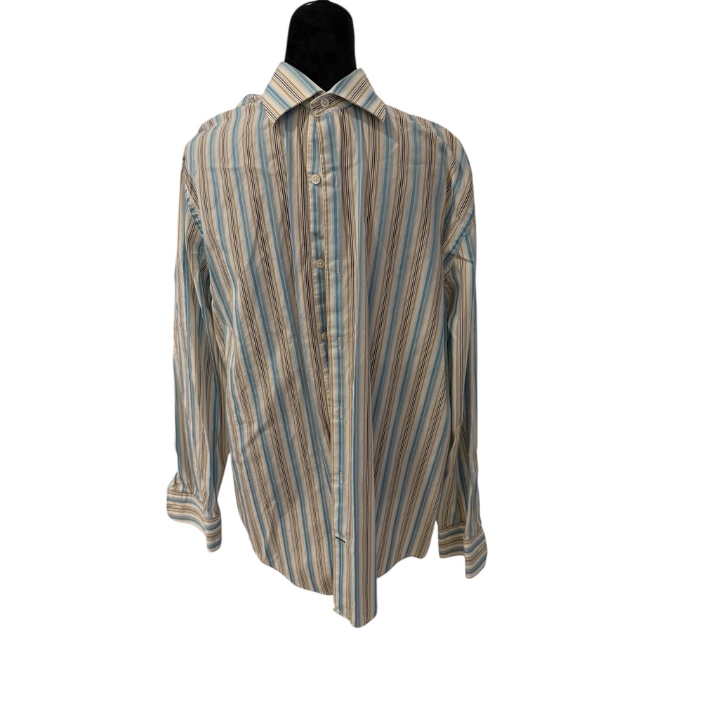 Banana Republic Men's Striped Dress Shirt Size 16 16 1/2 Blue‎ Tan Brown
